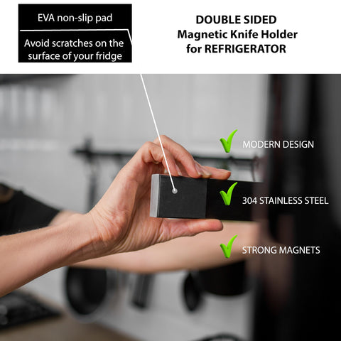 Hamletoff magnetic holder with mixed knives attached demonstrating organized countertop benefit