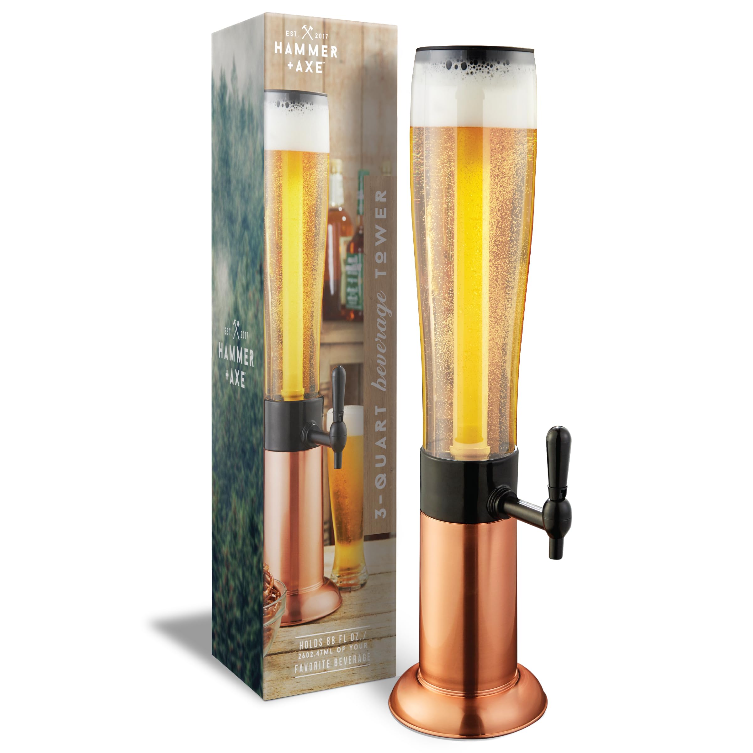 Hammer + Axe front view showing copper finish and elegant dispenser benefit presentation