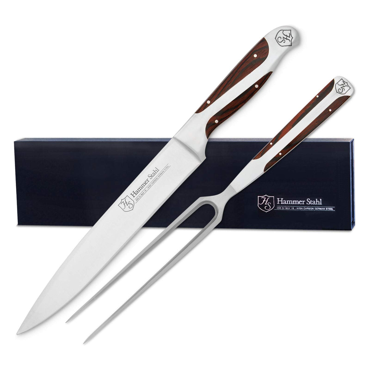 Hammer Stahl front view of knife and fork set showing polished blades and handles for precision
