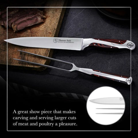 Hammer Stahl carving set in use slicing roasted turkey for smooth, even portions