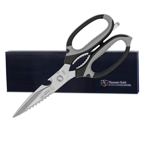 Hammer Stahl shears front view showing sleek stainless finish and ergonomic handle for easy prep