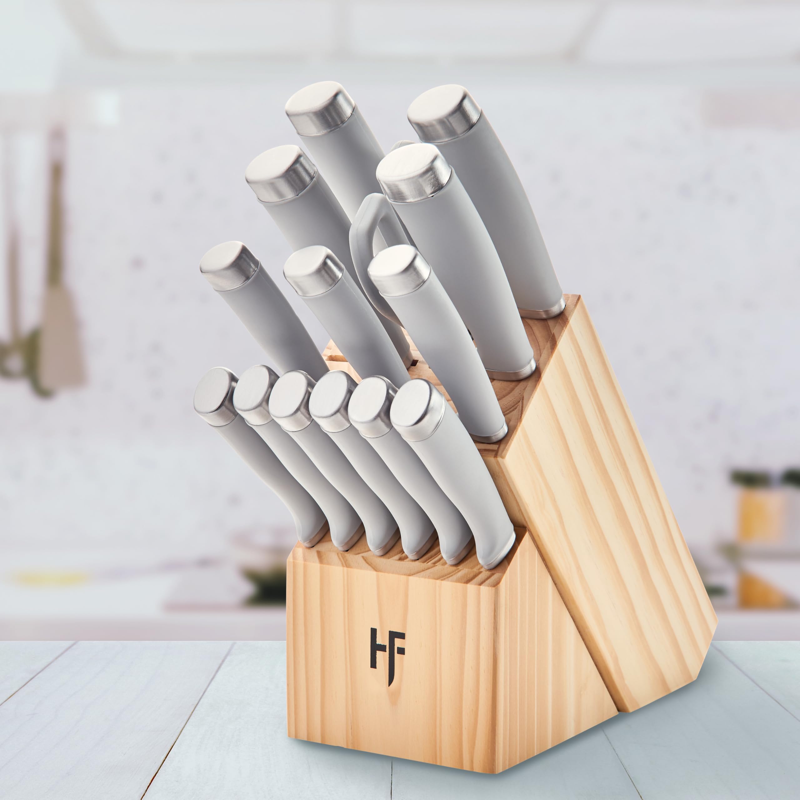 Hampton Forge Epicure set displayed in kitchen on counter conveying quick access and style