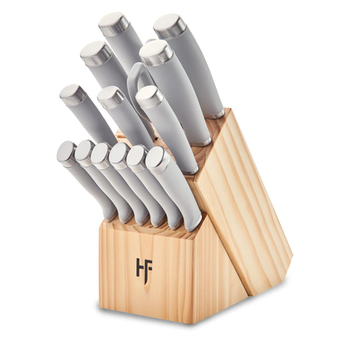Hampton Forge Epicure front view showing full 15-piece set and pinewood block for organized storage
