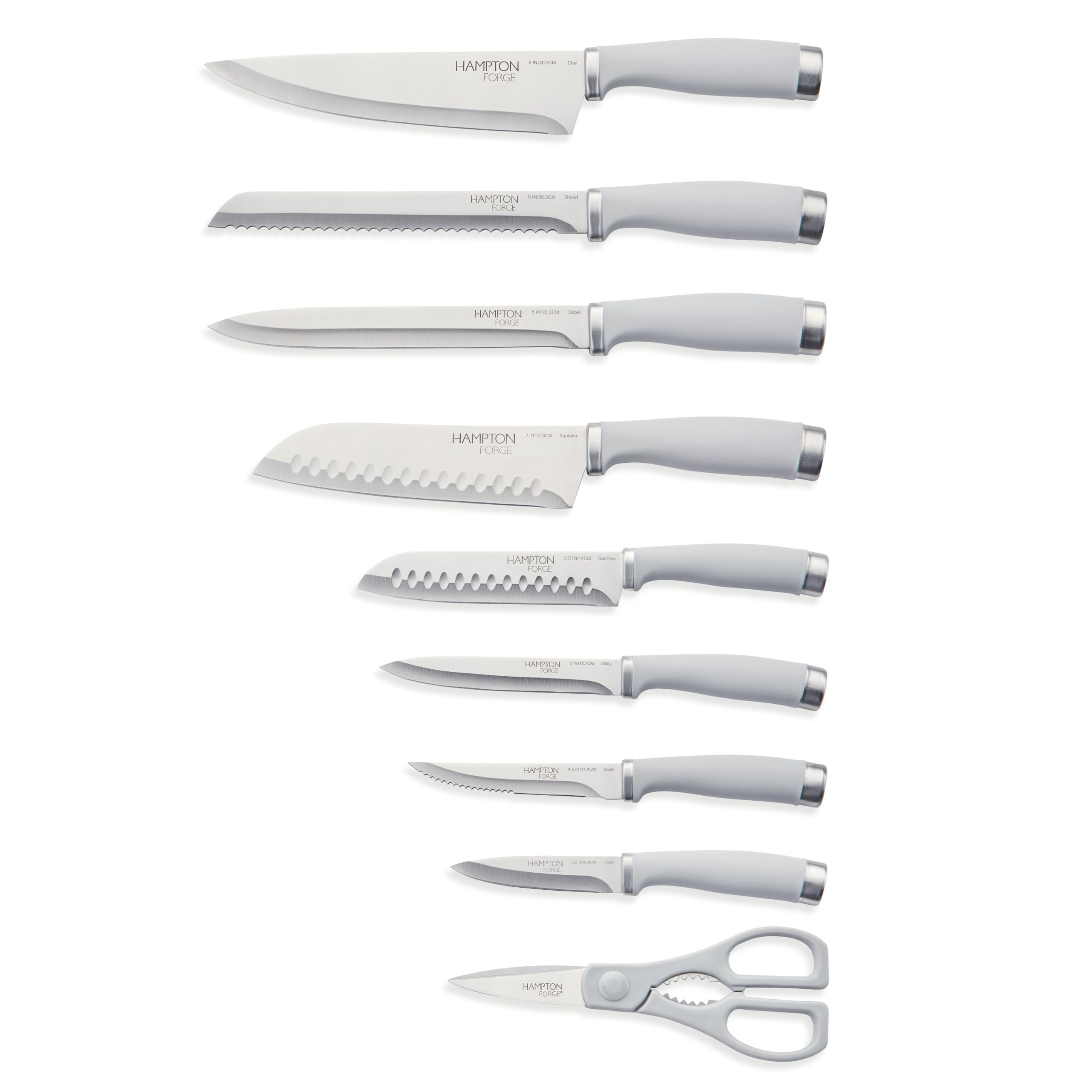 Hampton Forge Epicure close-up of cool grey soft-grip handle for comfortable secure control