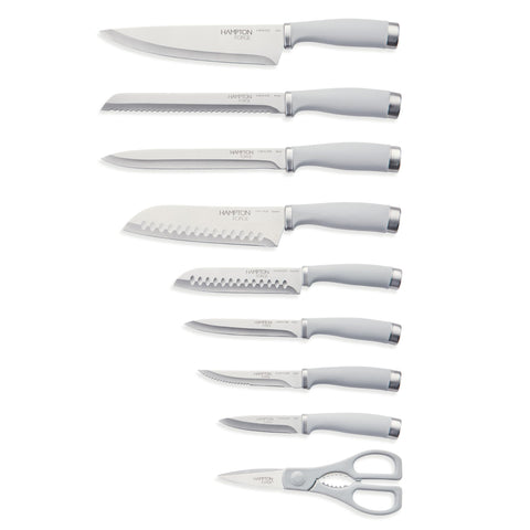 Hampton Forge Epicure close-up of cool grey soft-grip handle for comfortable secure control