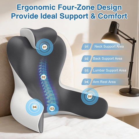 HAMYODO angled profile with removable neck pillow showing improved posture benefit
