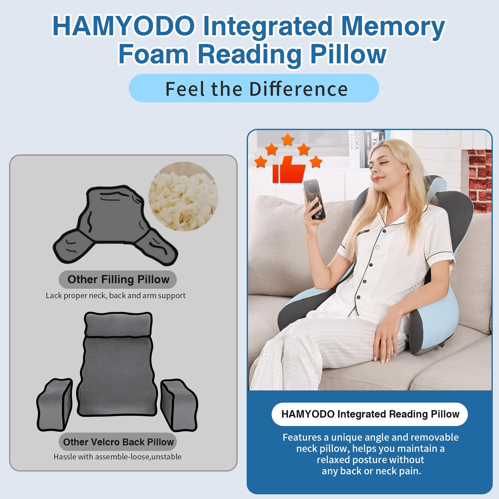 HAMYODO reading pillow placed in bed illustrating relaxed reading and device use
