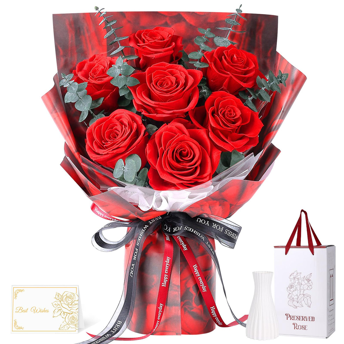 Hanameguri front view bouquet showing seven red roses and vase, instant gifting benefit