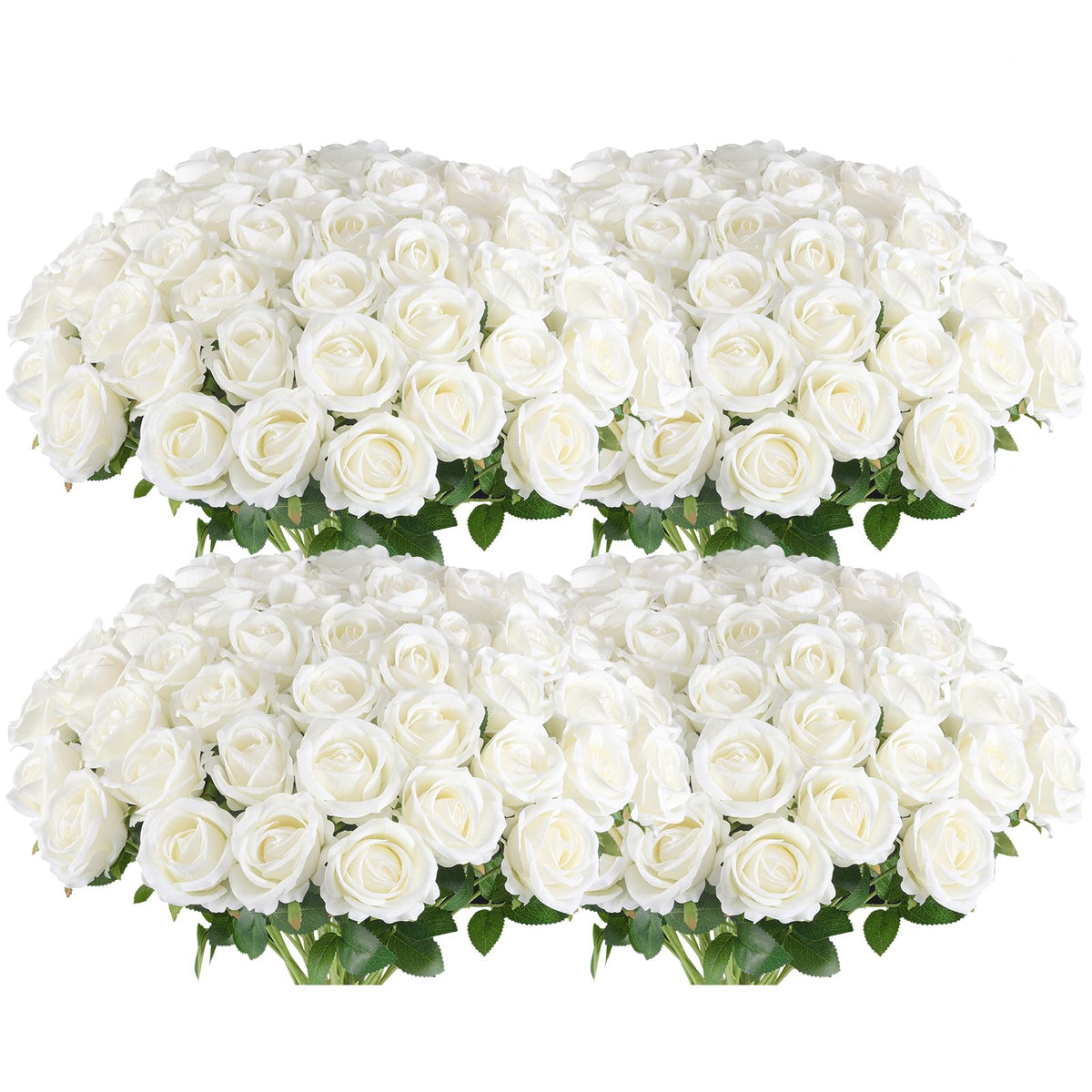 Hananona front view of 100 white silk roses showing bulk value and instant decor