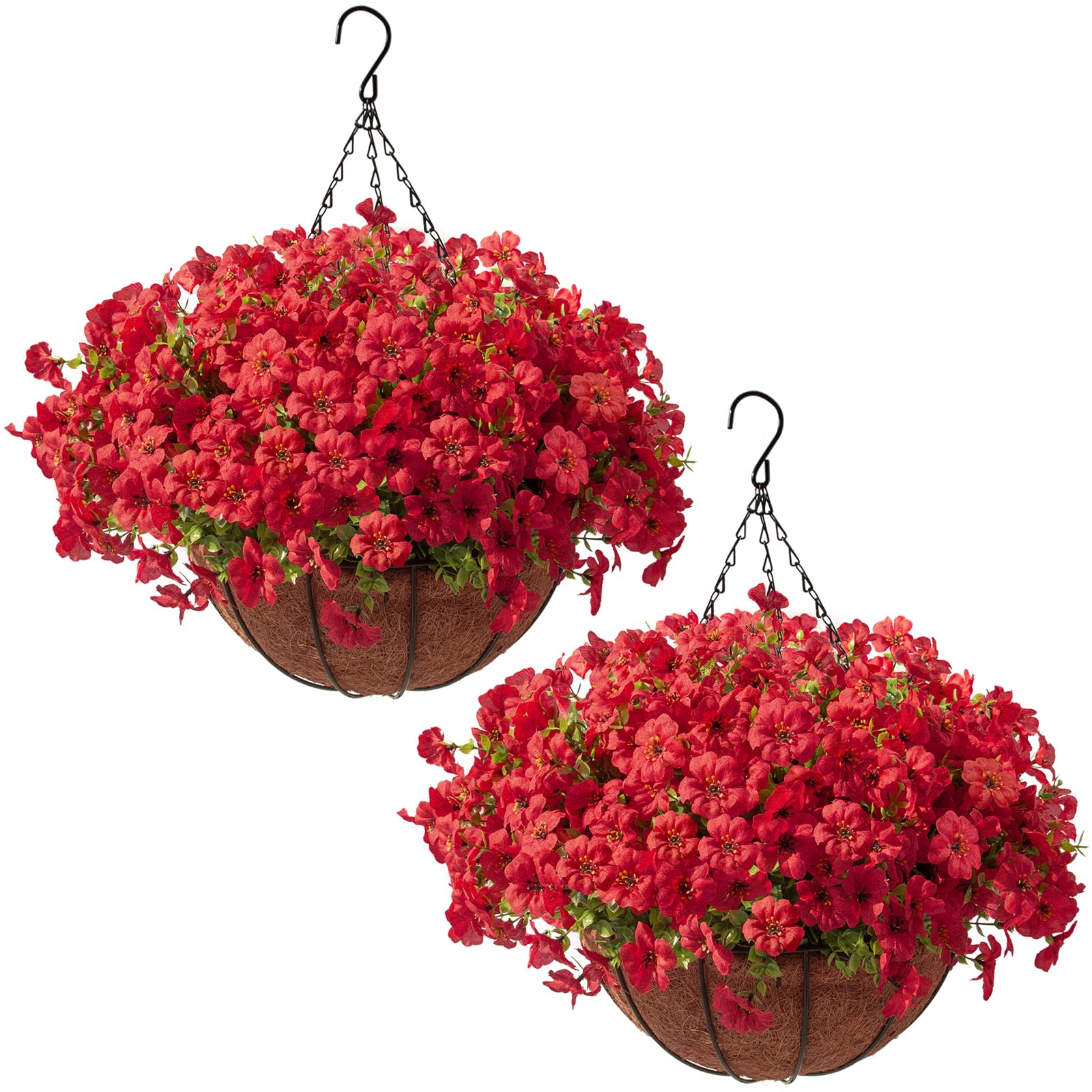 Hananona front view of two hanging baskets showing instant curb appeal