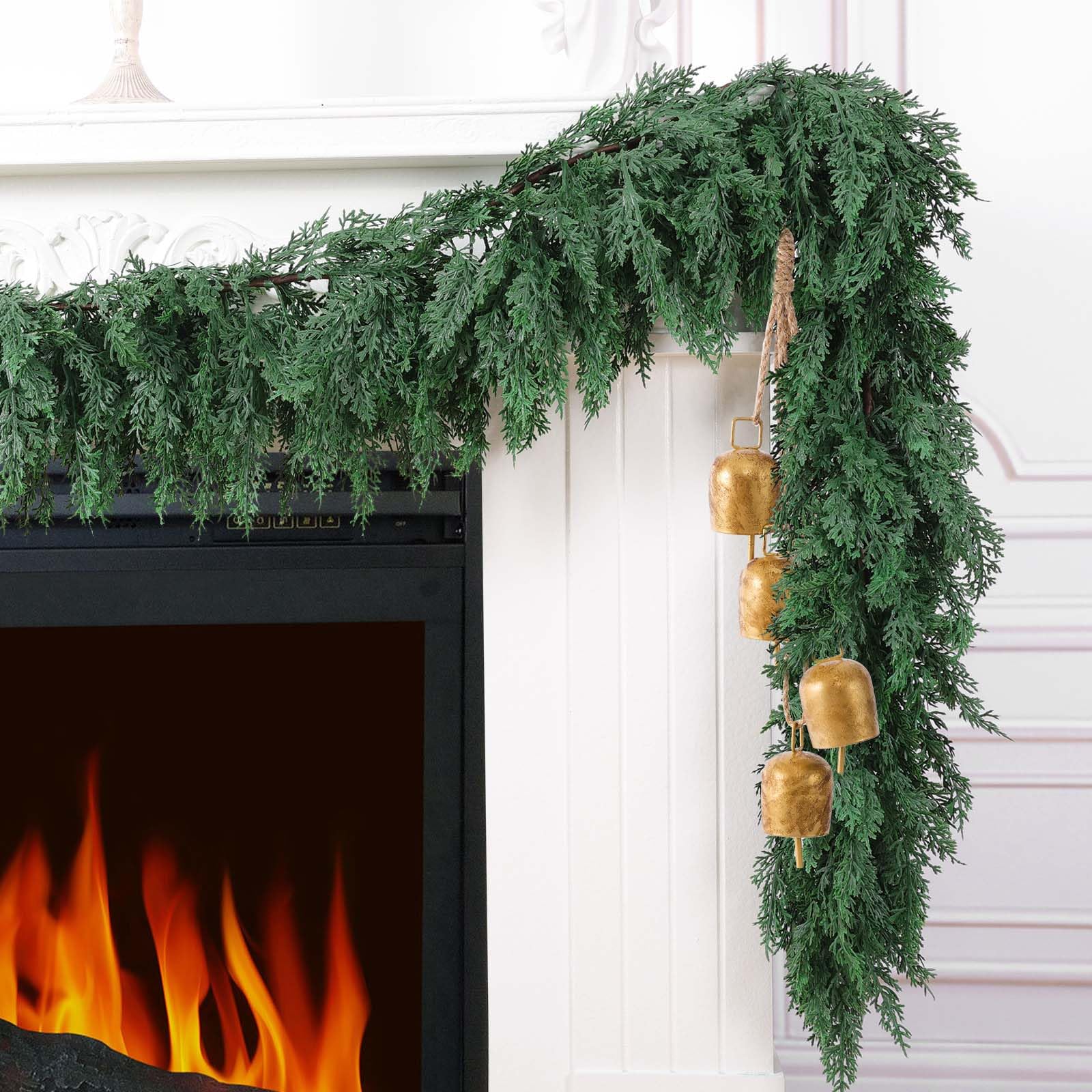Hananona garland styled on a fireplace mantel adding festive ambiance and easy decorating