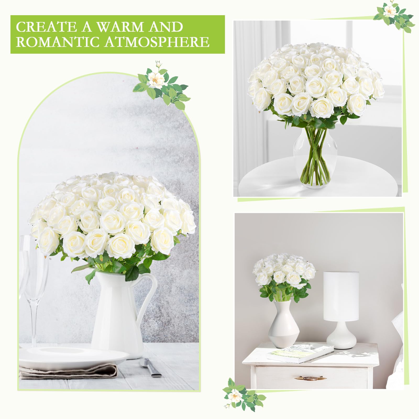 Hananona vase arrangement showing white roses creating elegant centerpiece