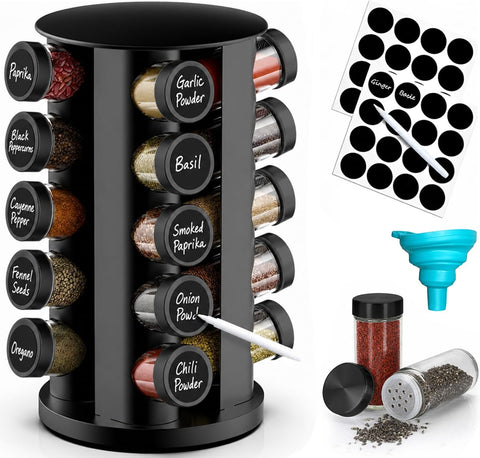 Handisen rotating spice rack front view showing organized jars and compact design benefit