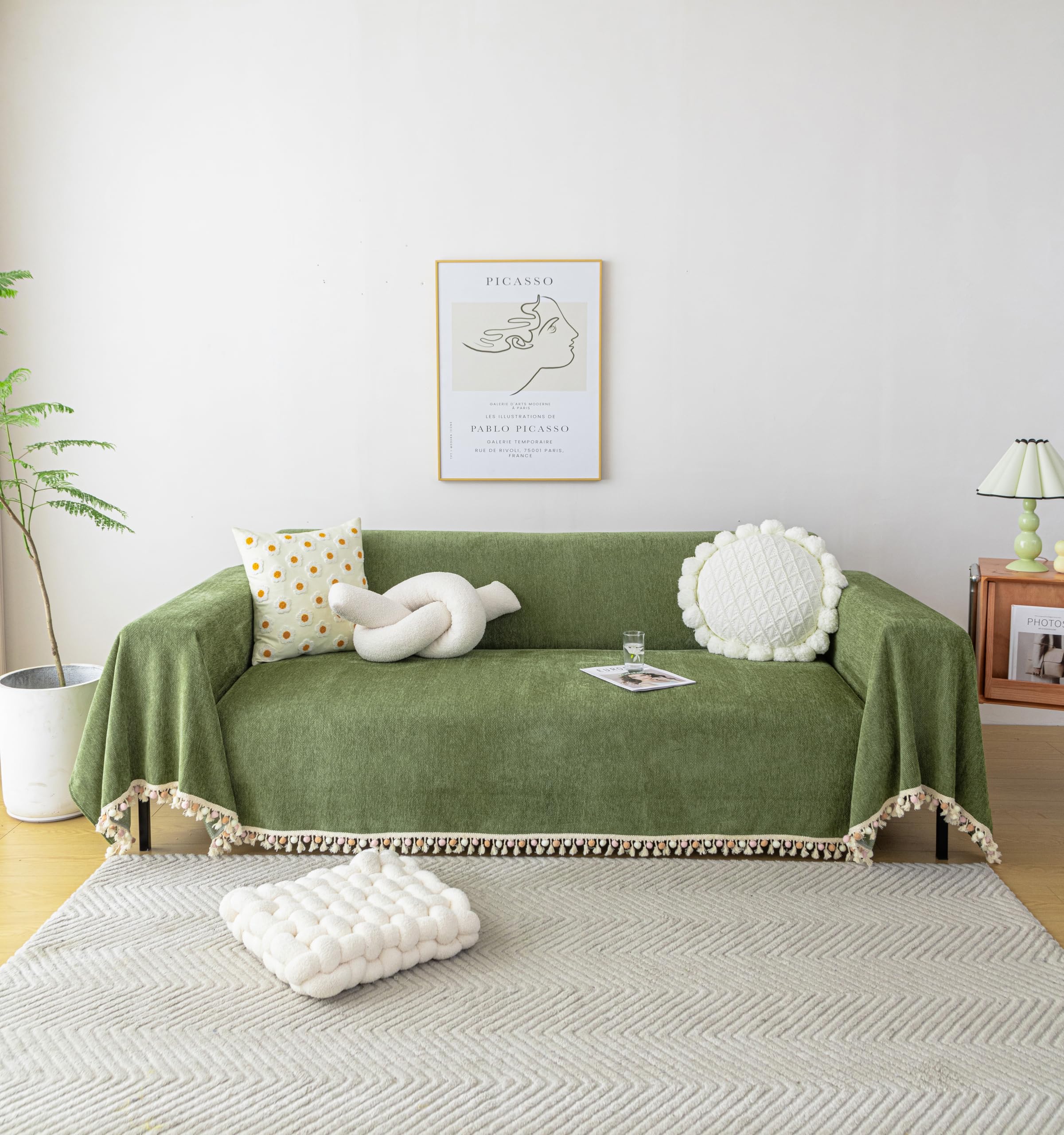 HANDONTIME front view of green sofa cover showing full protection and refreshed look