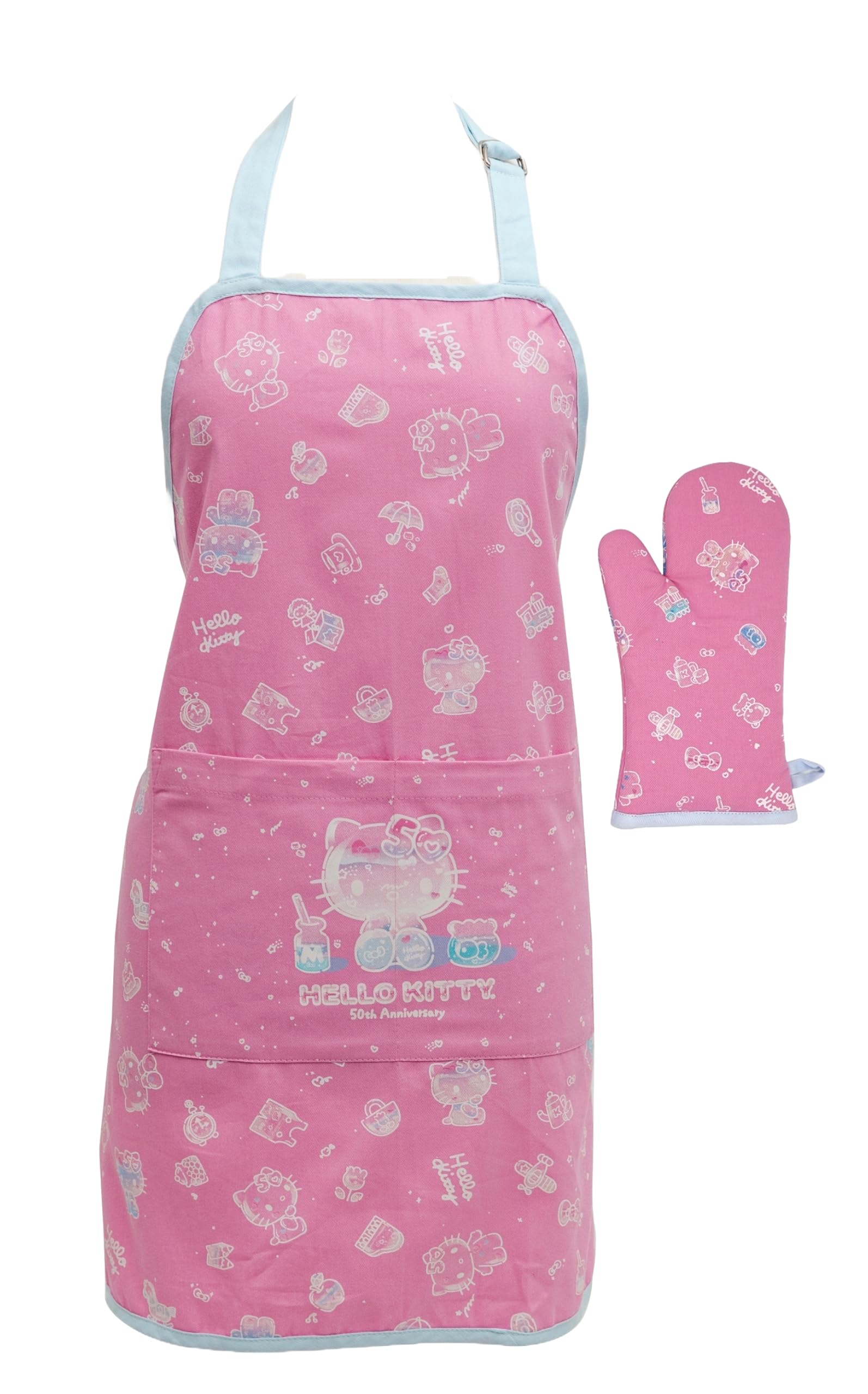 Handstand Kitchen front view of apron and oven mitt showing cheerful anniversary print and protection