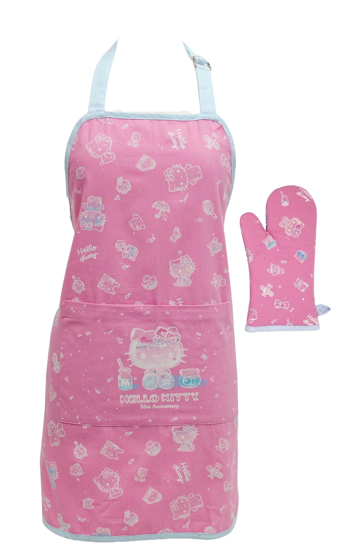 Handstand Kitchen front view of apron and oven mitt showing cheerful anniversary print and protection