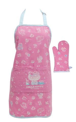 Handstand Kitchen front view of apron and oven mitt showing cheerful anniversary print and protection
