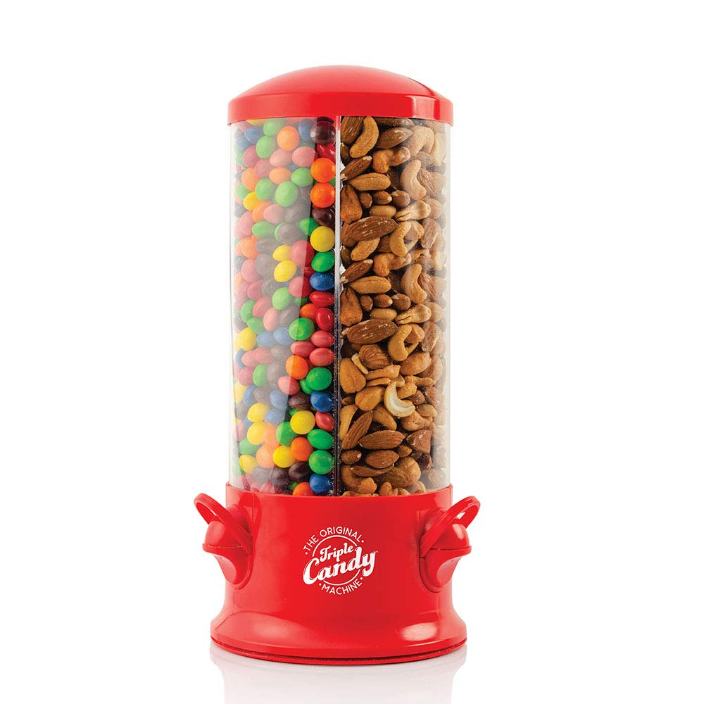 Handy Gourmet front view in red showing three clear snack compartments and base for quick choice