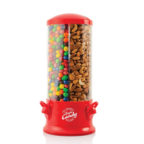 Handy Gourmet front view in red showing three clear snack compartments and base for quick choice
