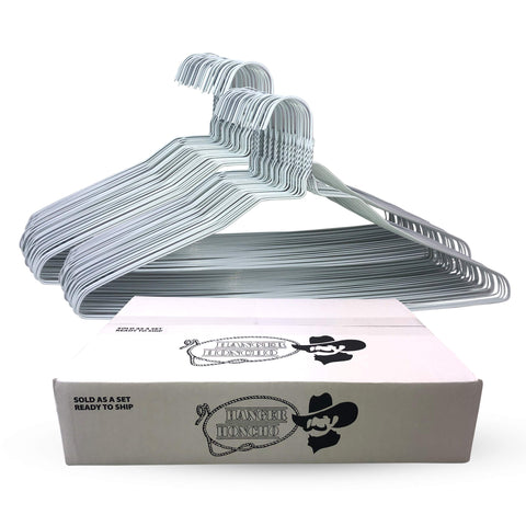 Hanger Honcho front view of 100-pack white wire hangers showing count and clean look