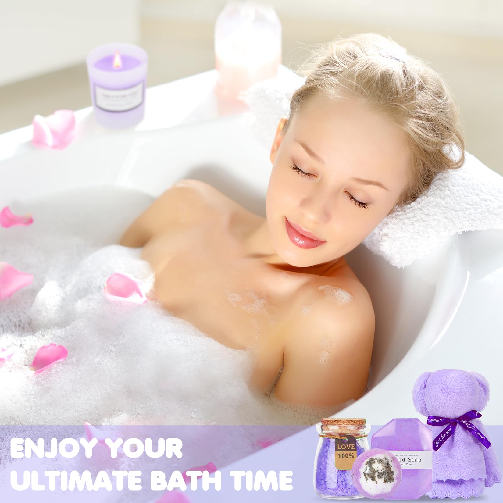 Hangerspace bath items flatlay with soap, bath bomb and salts promoting soothing soak