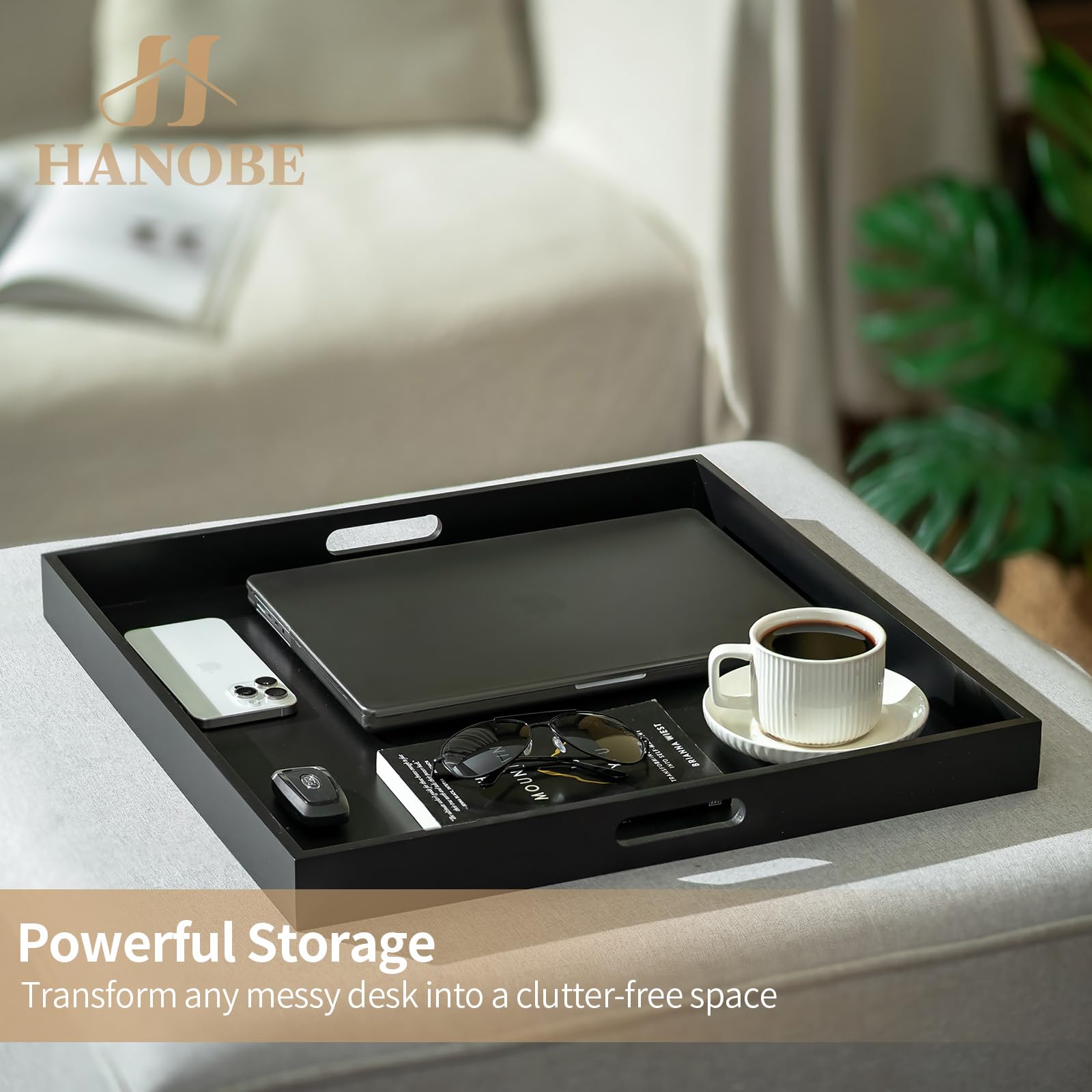 Hanobe tray styled on ottoman in living room enhancing organization and decor