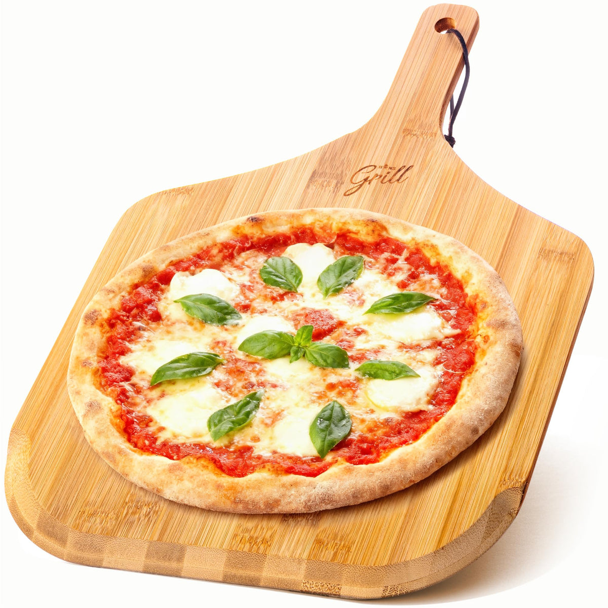 Hans Grill front view of 12-inch bamboo peel showing full paddle benefits