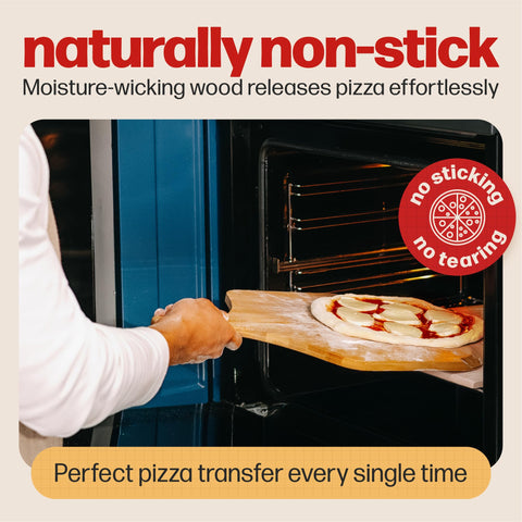 Hans Grill peel sliding pizza into oven demonstrating smooth transfer