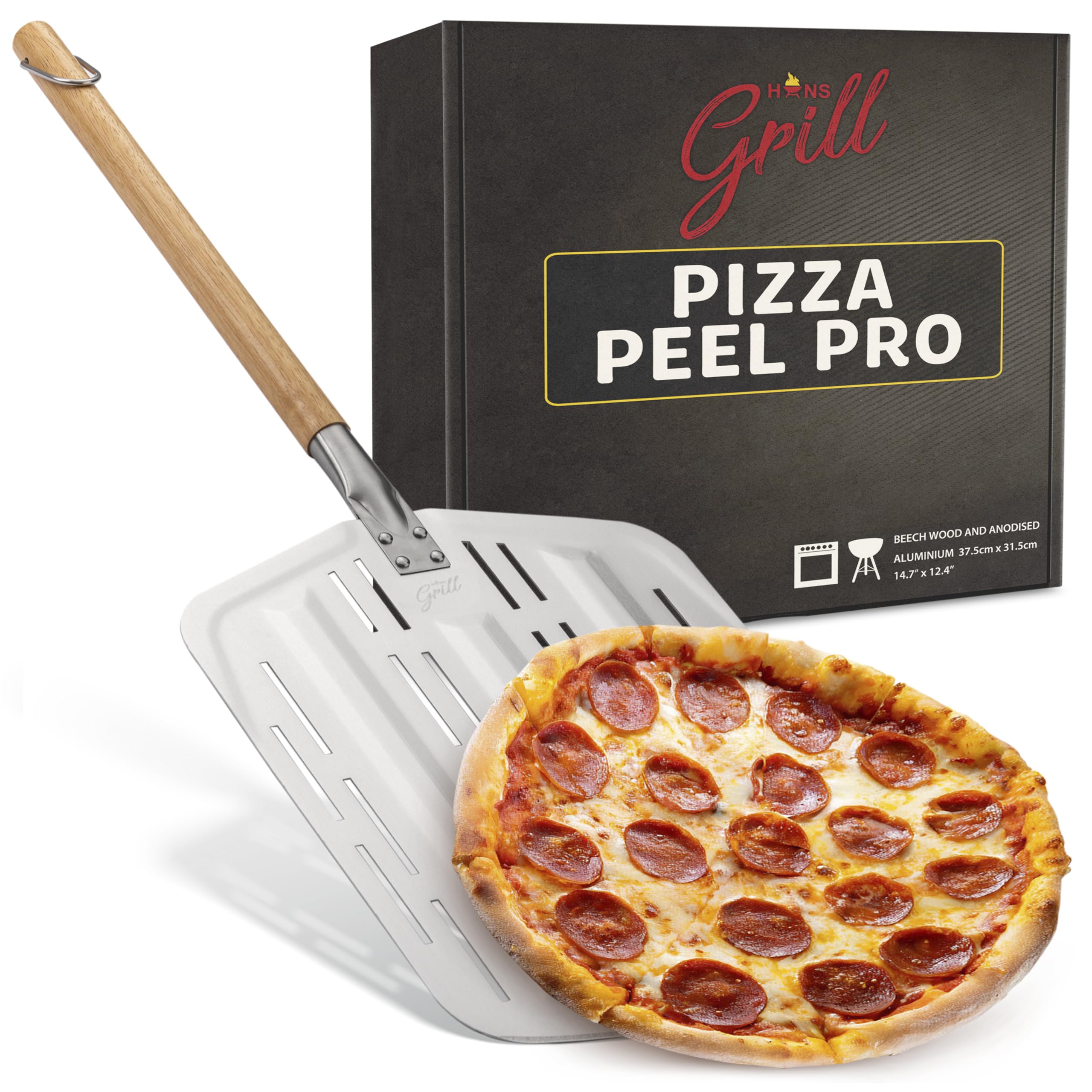 Hans Grill front view of 12 inch peel showing full paddle and handle for precise launches