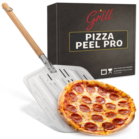 Hans Grill front view of 12 inch peel showing full paddle and handle for precise launches