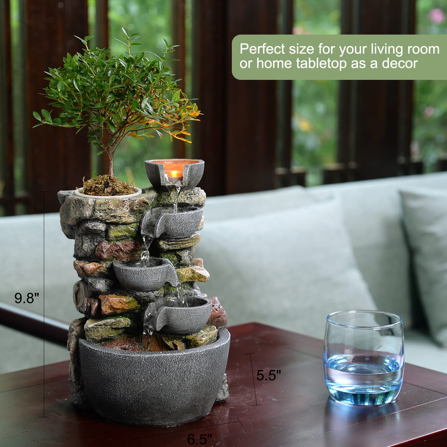 Haobos fountain lit by LED creating soothing nighttime ambiance