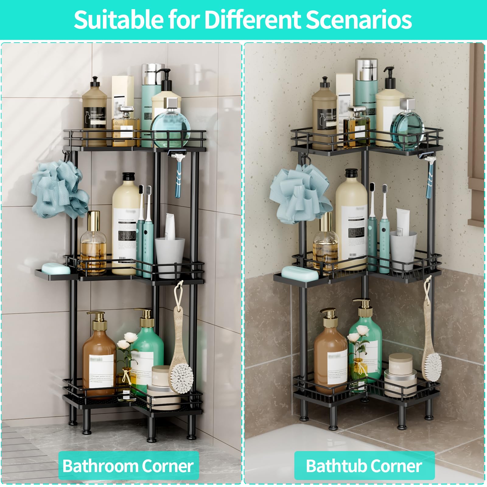 HapiRm black shower tower beside full-size bottles showing true size and capacity