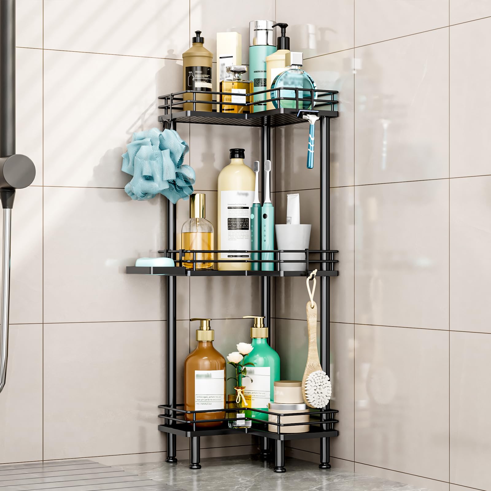 HapiRm front view of three-tier caddy showing organized bottles and space-saving benefit