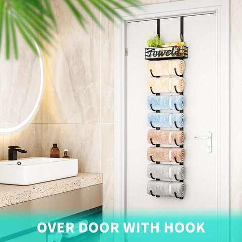 HapiRm hanging on a bathroom door using included door hooks for quick install