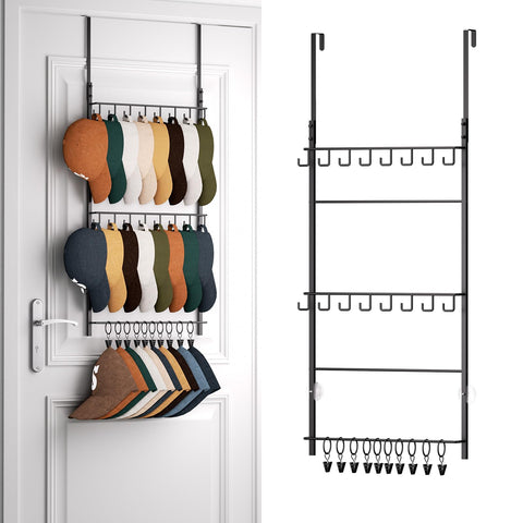 HapiRm front view over-door hat rack showing neat hat display and quick access