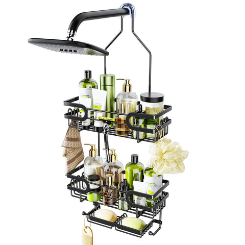 HapiRm front view of black hanging shower caddy showing organized storage benefit