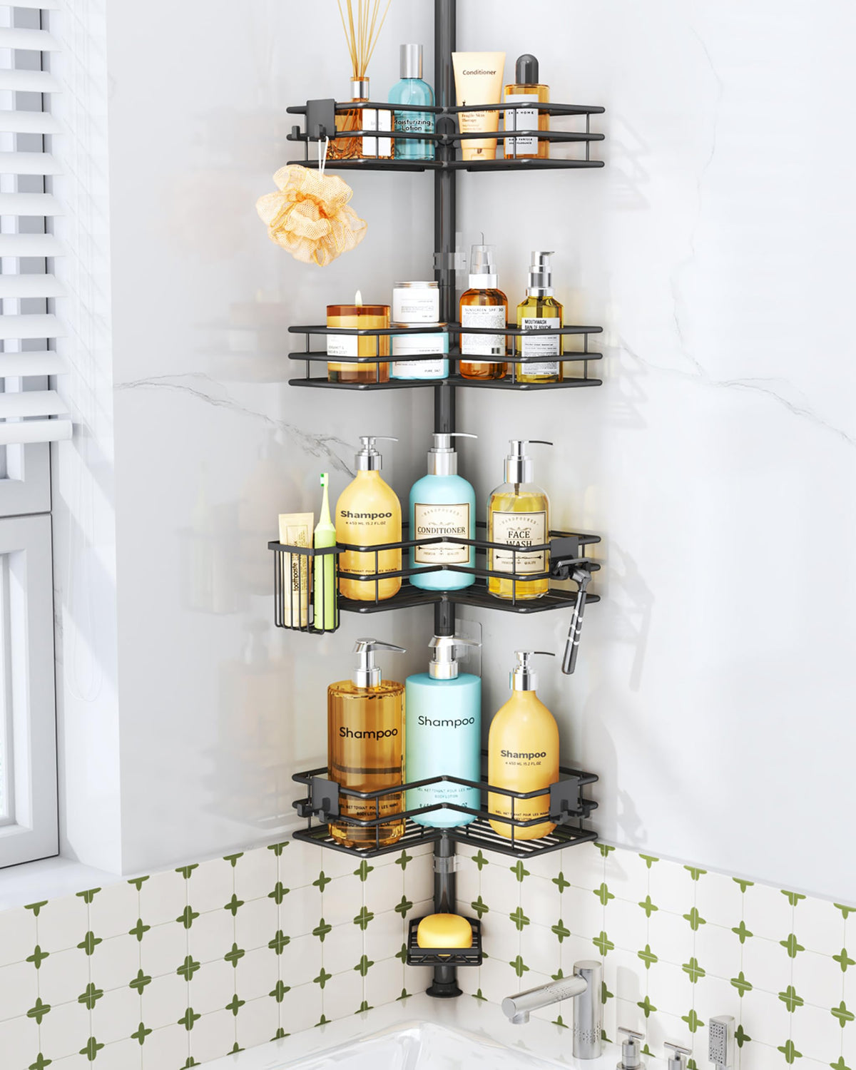 HapiRm front view of corner caddy showing four tiers and organized bottles for space saving