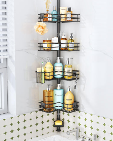 HapiRm front view of corner caddy showing four tiers and organized bottles for space saving