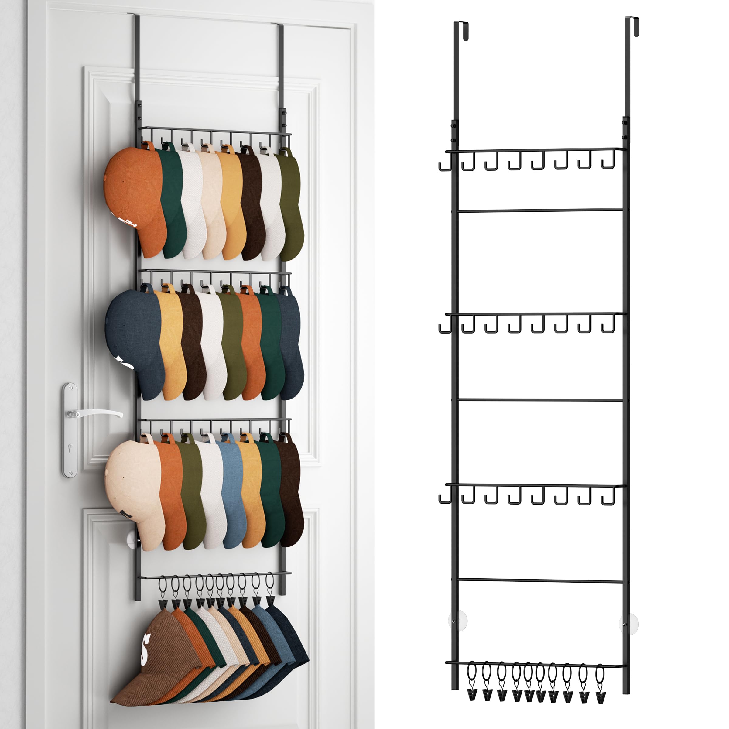 HapiRm front view over-the-door hat organizer shows high-capacity storage benefit