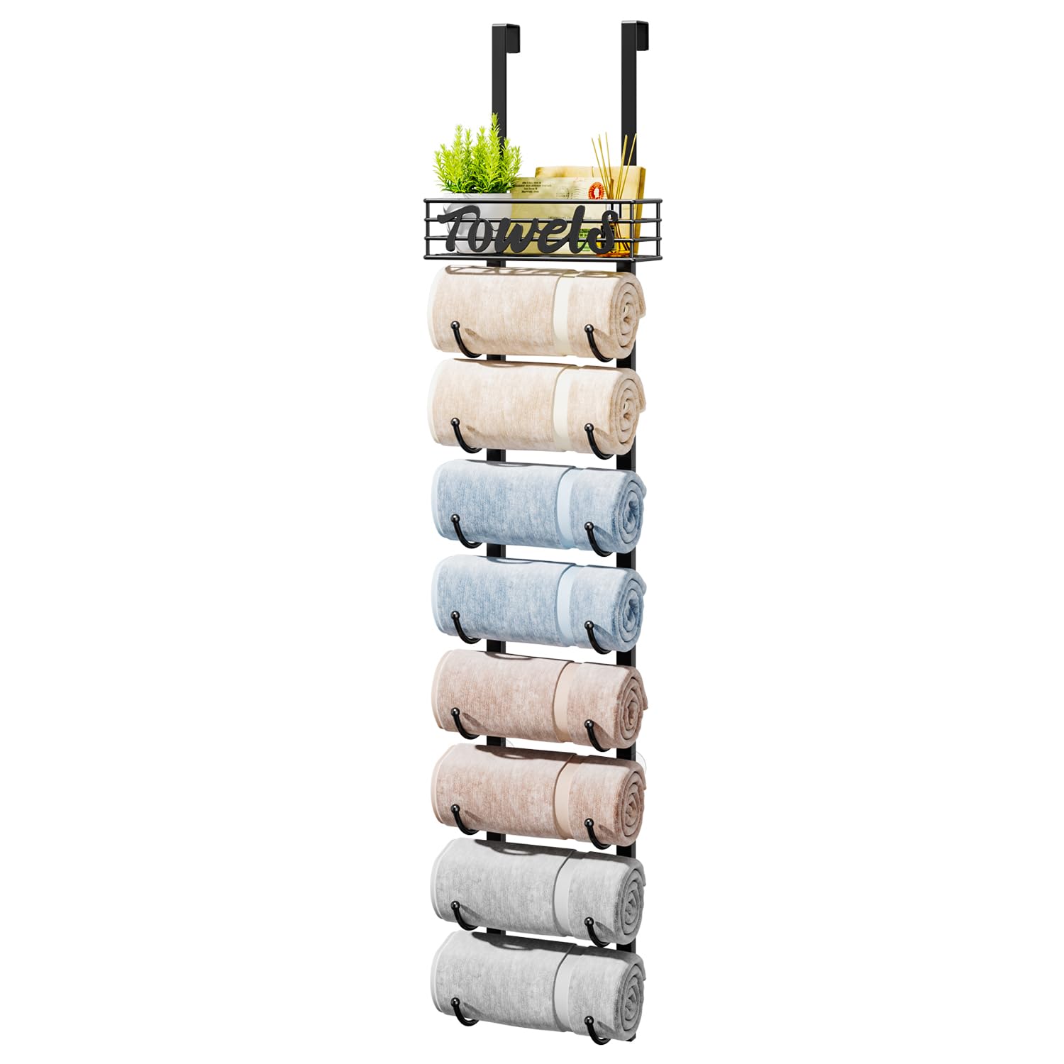 HapiRm front view over-the-door towel rack showing space-saving storage
