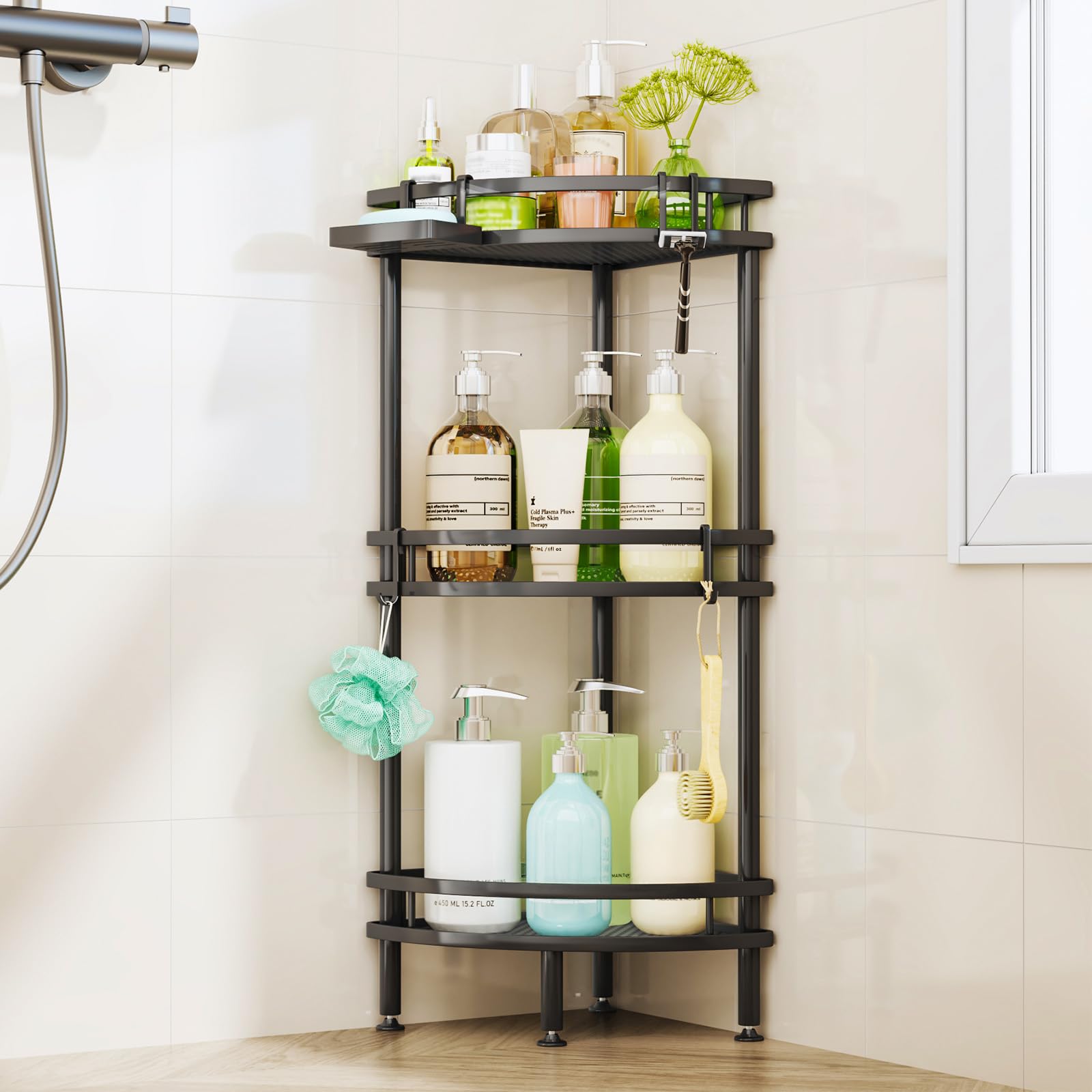HapiRm front view filled with toiletries showing tidy storage benefits