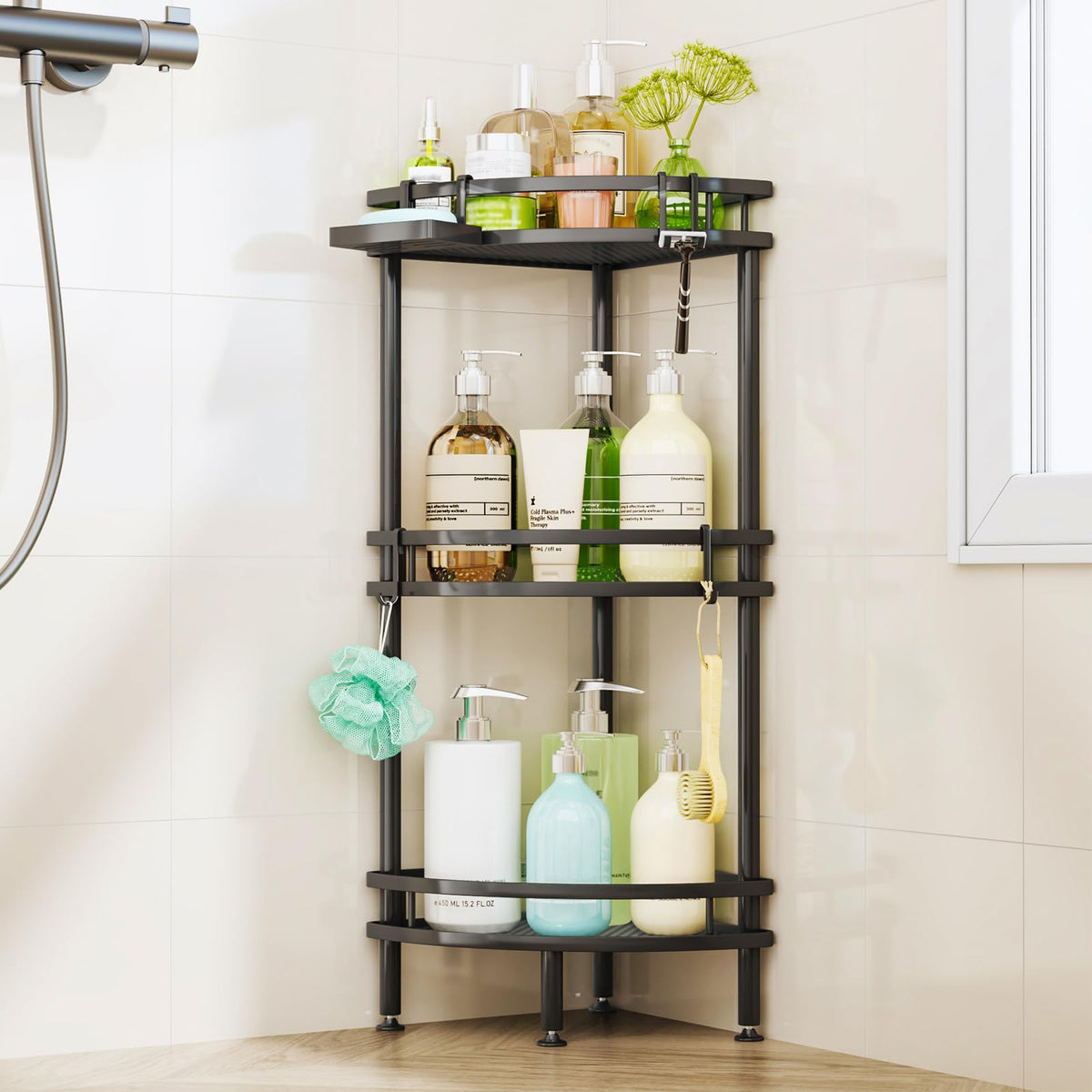 HapiRm front view filled with toiletries showing tidy storage benefits