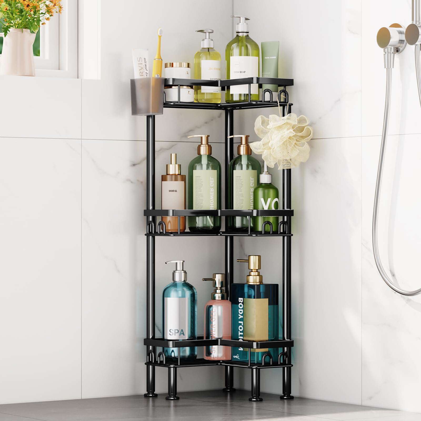 HapiRm front view of three-tier corner caddy showing large storage capacity