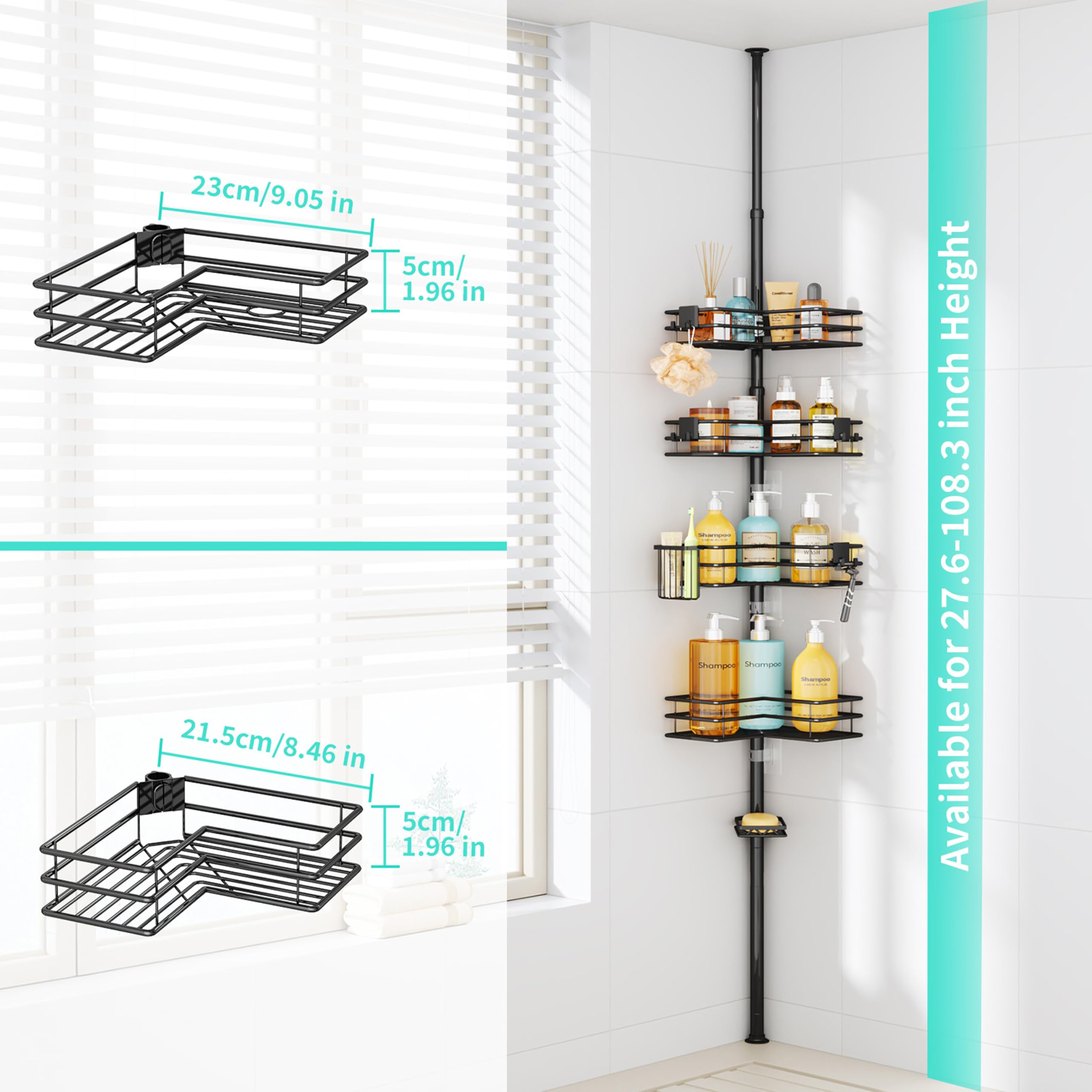 HapiRm hooks holding loofah and towel to maximize vertical storage efficiency
