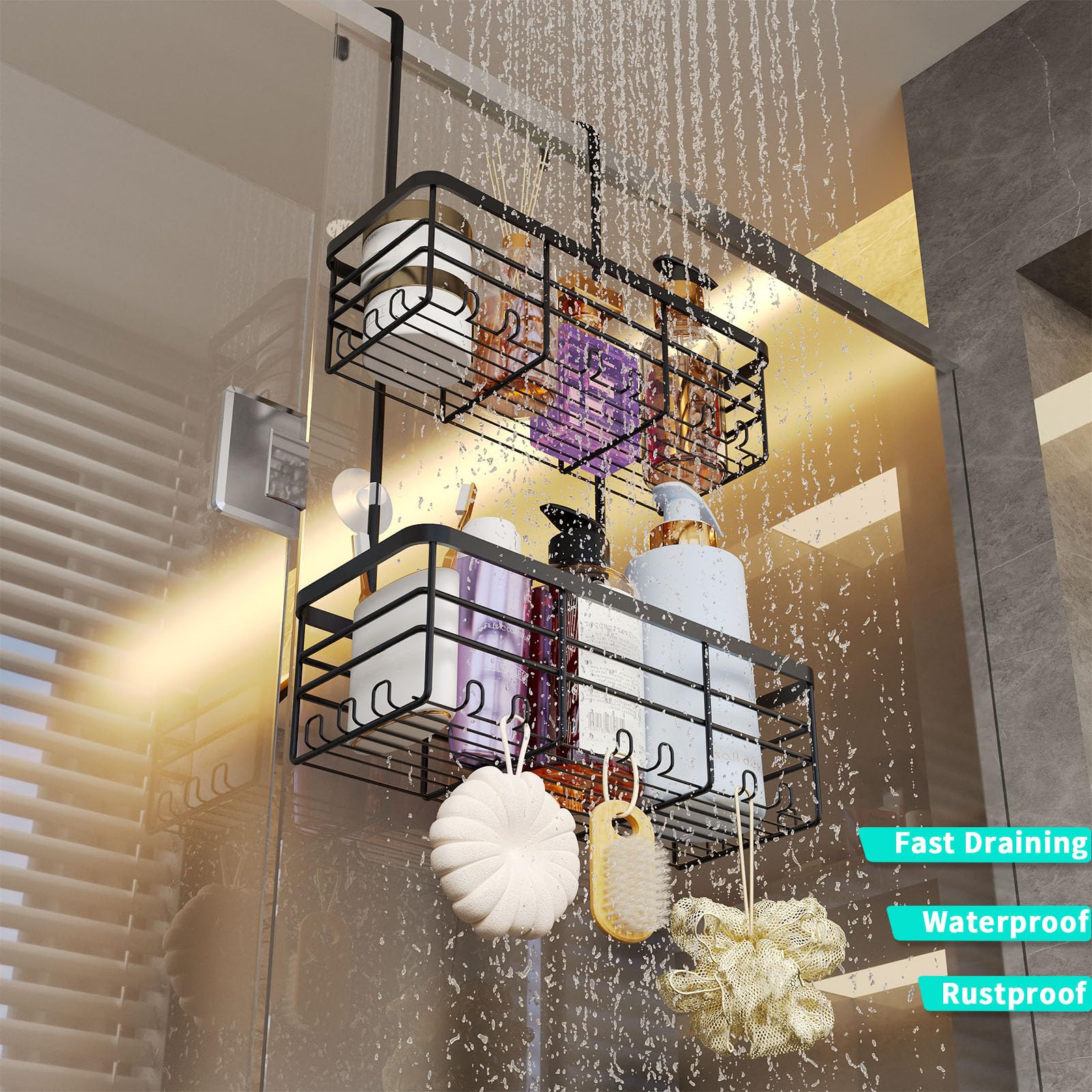 HapiRm in shower with bottles demonstrates roomy capacity and easy access