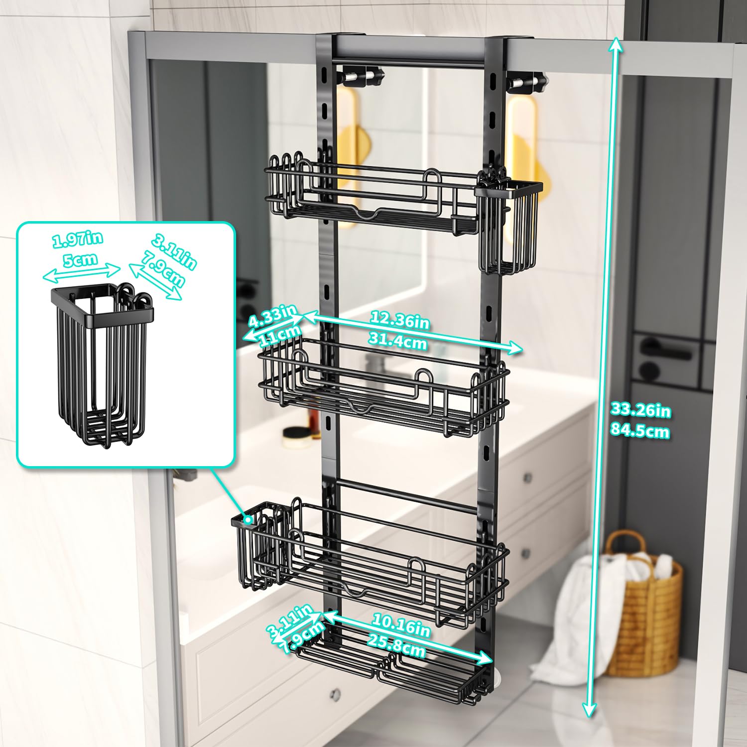 HapiRm installed in a bathroom showing organized toiletries and tidy counters