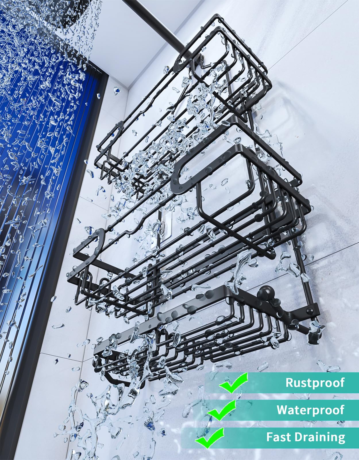 HapiRm installed over showerhead in bathroom demonstrating tidy storage