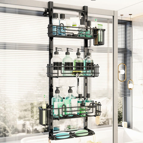 HapiRm over the door caddy front view showing organized shelves and hooks for easy access