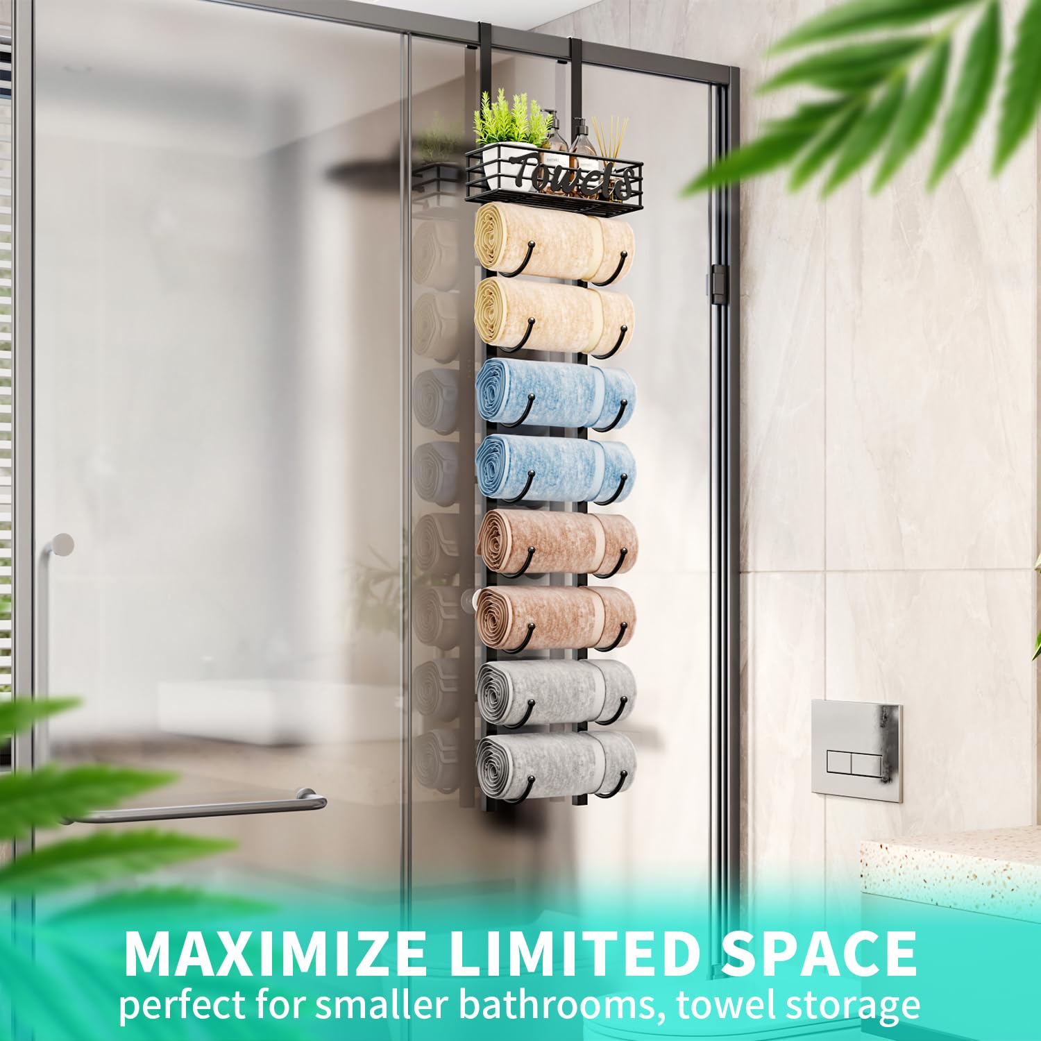 HapiRm showing rolled towels in rings for organized easy access