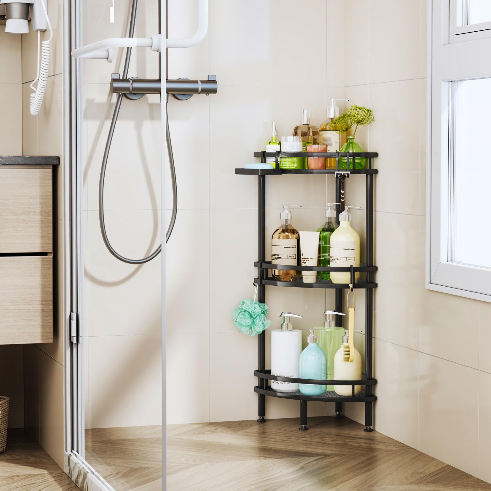 HapiRm beside shower tile to show compact footprint and scale